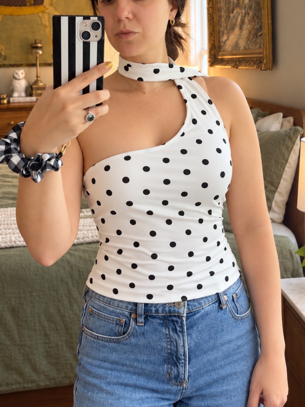 Scarf halter neck polka dot one shoulder top